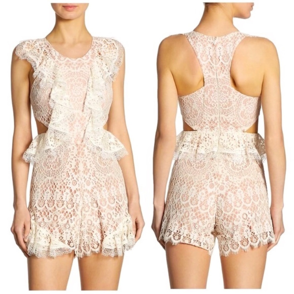 Alexis Lace Ruffle Cut-Out Romper in Cream and Pink